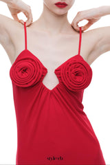 Rose Appliqué Strappy maxi Dress in red