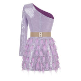 ONE-SHOULDER FEATHER SEQUINS MINI DRESS
