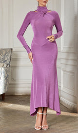 PURPLE LONG-SLEEVED HALTER NECK TIGHT FISHTAIL DRESS