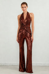 nora brown Sequin halterneck deep V high waist flared jumpsuit
