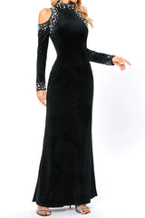 barbara sequin embellished long sleeve maxi dress in black