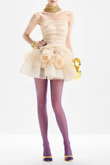 coral off-shoulder layer trim flower mini dress in apricot