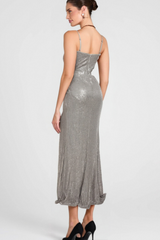 SARA SLIVER SEQUIN STEREO FLOWER SPAGHETTI STRAPS MAXI DRESS