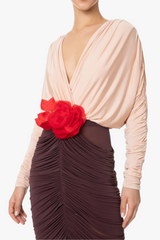 Long Sleeve Two-Tone pleated Midi Dress in Brown