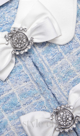 check collared knit mini dress in blue