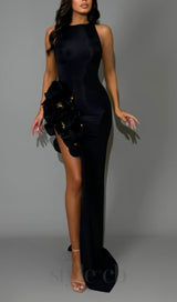 HALTER FLOWER SLIT MAXI DRESS IN BLACK