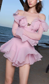 RUFFLED HALTER MINI DRESS IN PINK