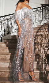 bella Codruta Strapless Leafy Fringe Maxi Dress In Sliver