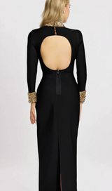 YVONNE LONG SLEEVE GOLD BEAD BANDAGE MIDI DRESS IN BLACK