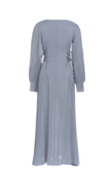 ROUND NECK PUFF LONG SLEEVES WAIST SLIM FIT LOOSE MIDI DRESS