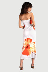 SARRIDES STRAPLESS PRINT MIDI DRESS