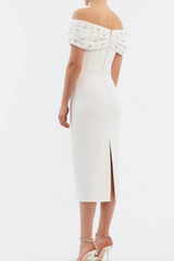 beulah Off-shoulder beaded diamond midi dress in white