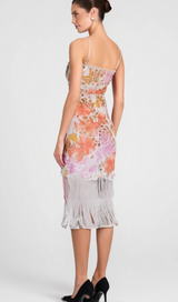 MULTICOLOR EMBROIDERED HOLLOW FRINGE MIDI DRESS
