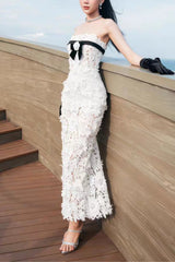 Strapless Flower Embroidery Maxi Dress In White