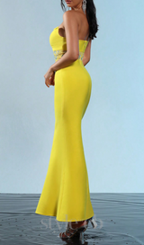 mesh splice rhinestone decor yellow maxi bandage dress