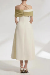 A-line Open Shoulder Cotton Crepe Midi Dress in beige