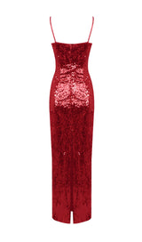RED STRAPPY FLOWER SEQUIN SLIP MAXI DRESS