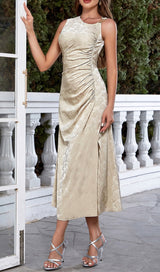 CHAMPAGNE RUCHED JACQUARD SLEEVELESS MIDI DRESS