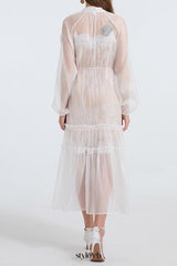 See-through blouse maxi dress with lace skirt in white