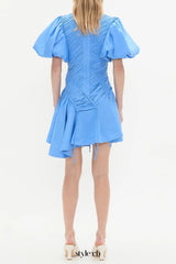 eudora Asymmetric pleated puff sleeve mini dress in mist blue
