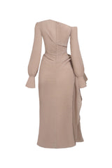brianna Asymmetric Long Sleeve pleated maxi Dress in beige