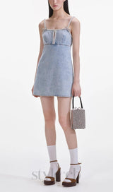 Light Blue Denim Pearl Mini Dress