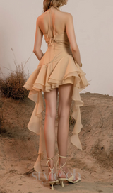 jessica halter ruffle trim mini dress in beige