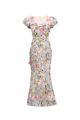 Nydia multicolor Square collar with 3D flower embroidery maxi dress