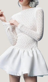 Lace Patchwork Puff Mini Dress in white