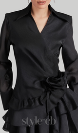 flower ruffle ribbon mini dress in black