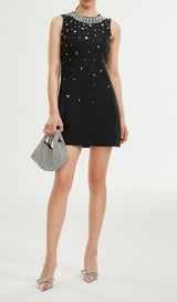 CRYSTAL-EMBELLISHED MINI DRESS IN BLACK