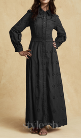 retro single-breasted hollow lace midi dress in black