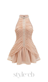 CHAMPAGNE AMENAE EMBELLISHED RUCHED MINI DRESS