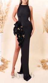 HALTER FLOWER SLIT MAXI DRESS IN BLACK