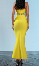 mesh splice rhinestone decor yellow maxi bandage dress