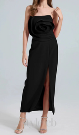 michelle 3d flower strapless midi dress in black