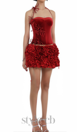 Corset Floral Two Piece Set Mini Dress In Red