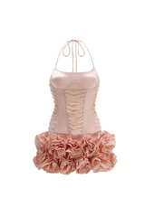 Cindia Floral Lace Up Corset Two Piece Set in Pink