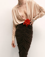 Long Sleeve Two-Tone pleated Midi Dress in Brown