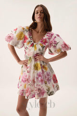 vanessa puff sleeve collage fleur mini dress