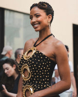 embellished cut out halter maxi dress in black