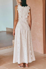 lace trim embroidery hollow midi dress in white