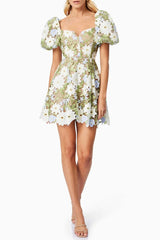 rebecca Flora Lace Mini Dress in Green