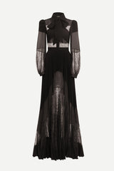 simona lace splice Pleated maxi Dress in black