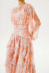 puff long sleeve tiered ruffle hem maxi dress in pink