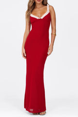 red Bustier maxi dress with a v-neckline