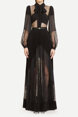 simona lace splice Pleated maxi Dress in black