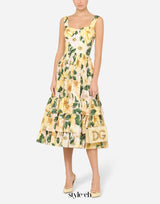 Camellia-print poplin midi dress in yellow