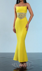 mesh splice rhinestone decor yellow maxi bandage dress