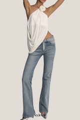 Satin Cowl Neck Halter Top in white